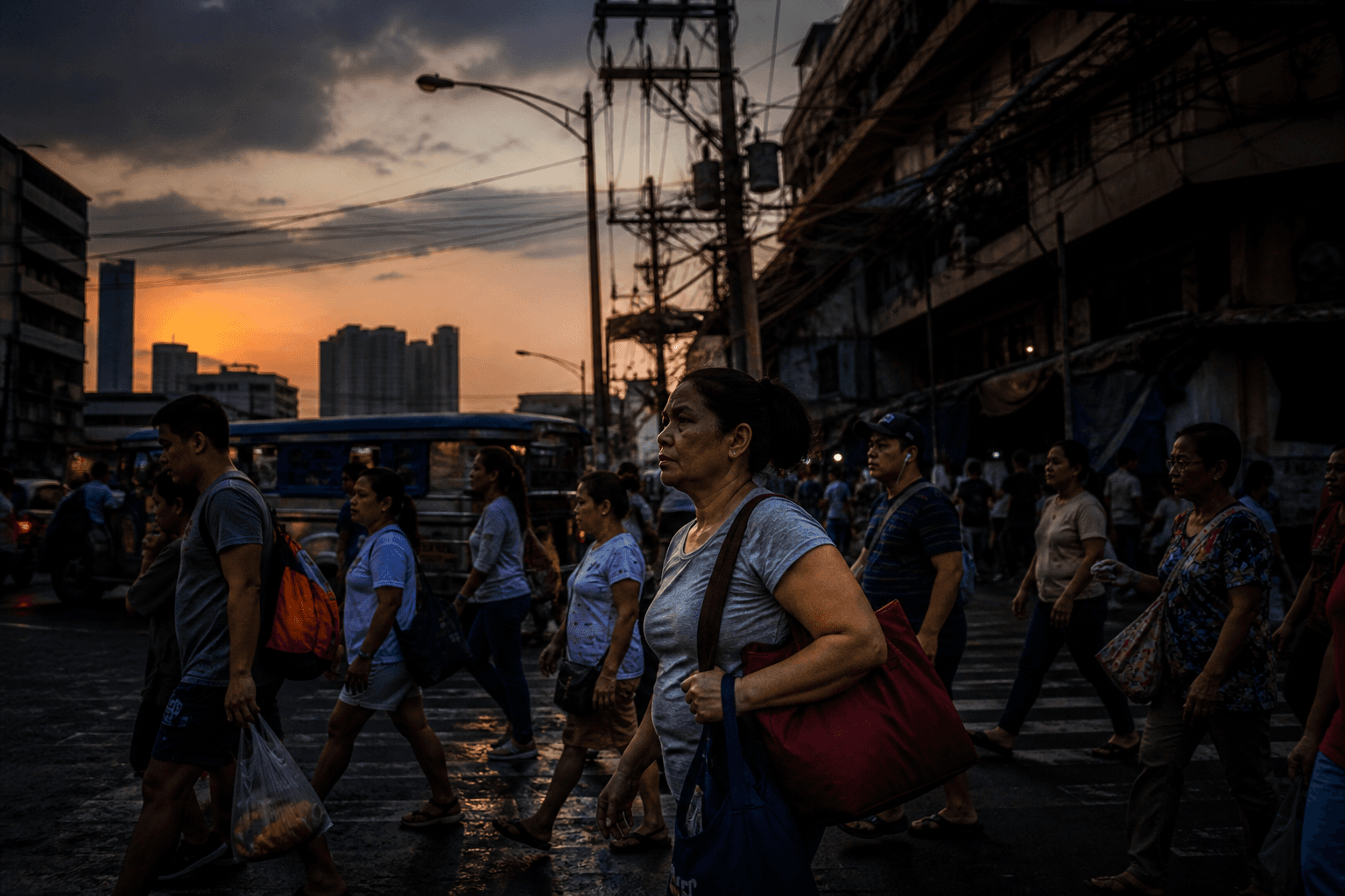 Mga ordinaryong Pilipino na naglalakad sa isang lansangan sa takipsilim